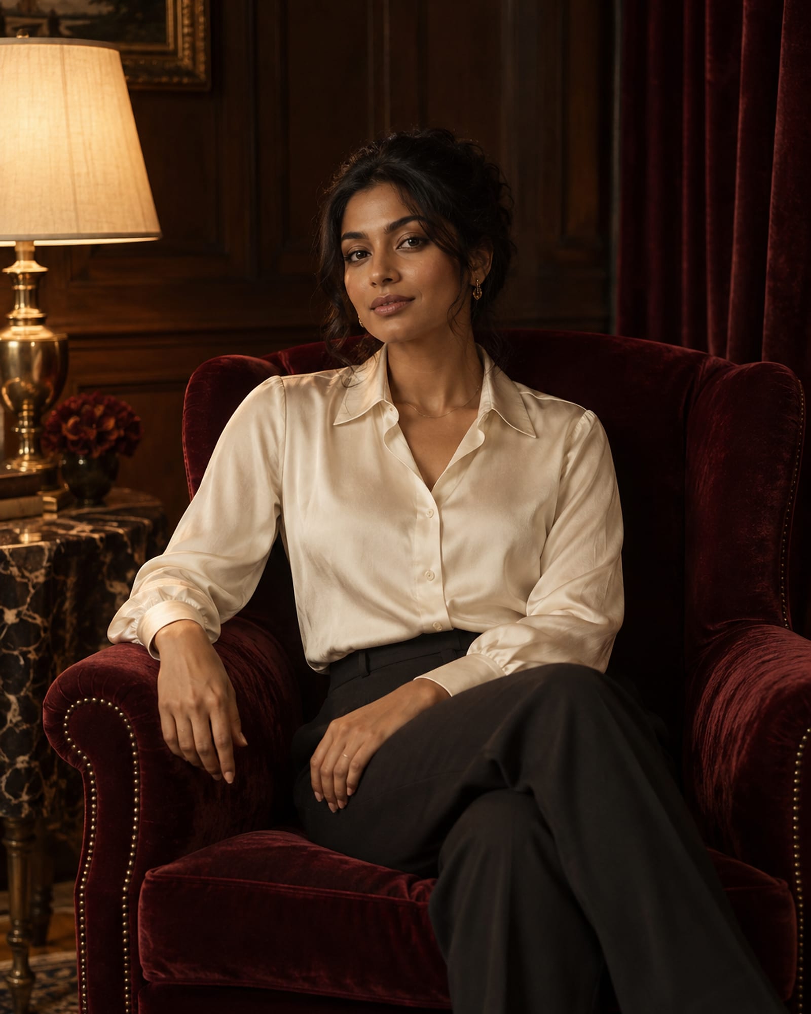 A woman in an ivory silk blouse and dark trousers, seated in an oxblood velvet armchair beside a brass lamp