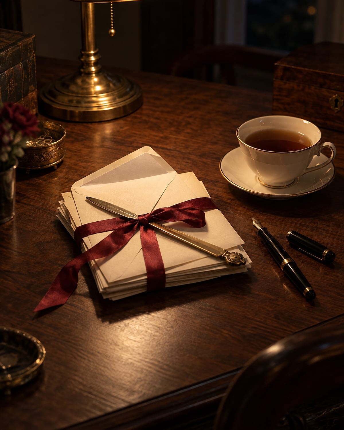 A stack of envelopes tied with a ruby ribbon, a brass letter opener laid across them, beside a fountain pen and a cup of tea on a walnut desk