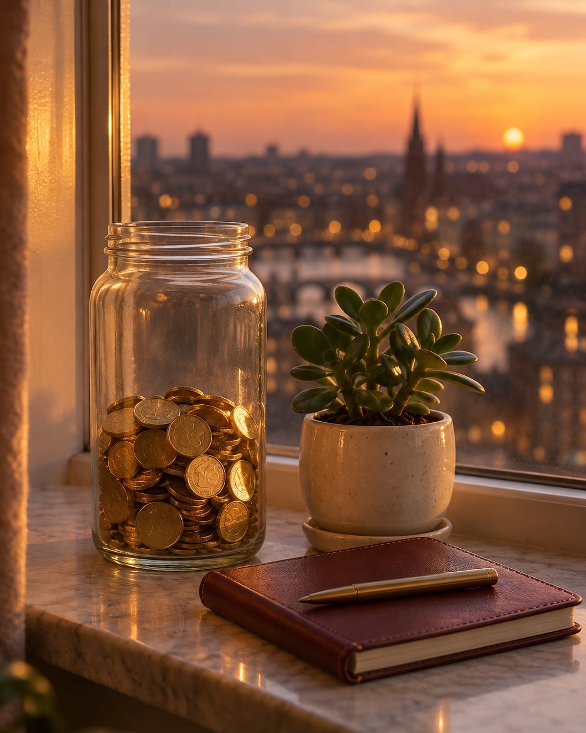 A glass jar of gold coins beside a jade plant and a burgundy notebook on a windowsill at dusk