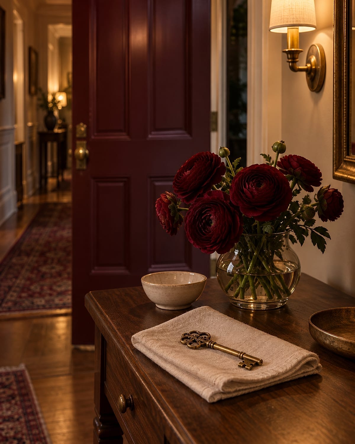 A brass key on a folded linen napkin on a walnut console beside a vase of dark red ranunculus, an oxblood door open onto a lamplit hallway