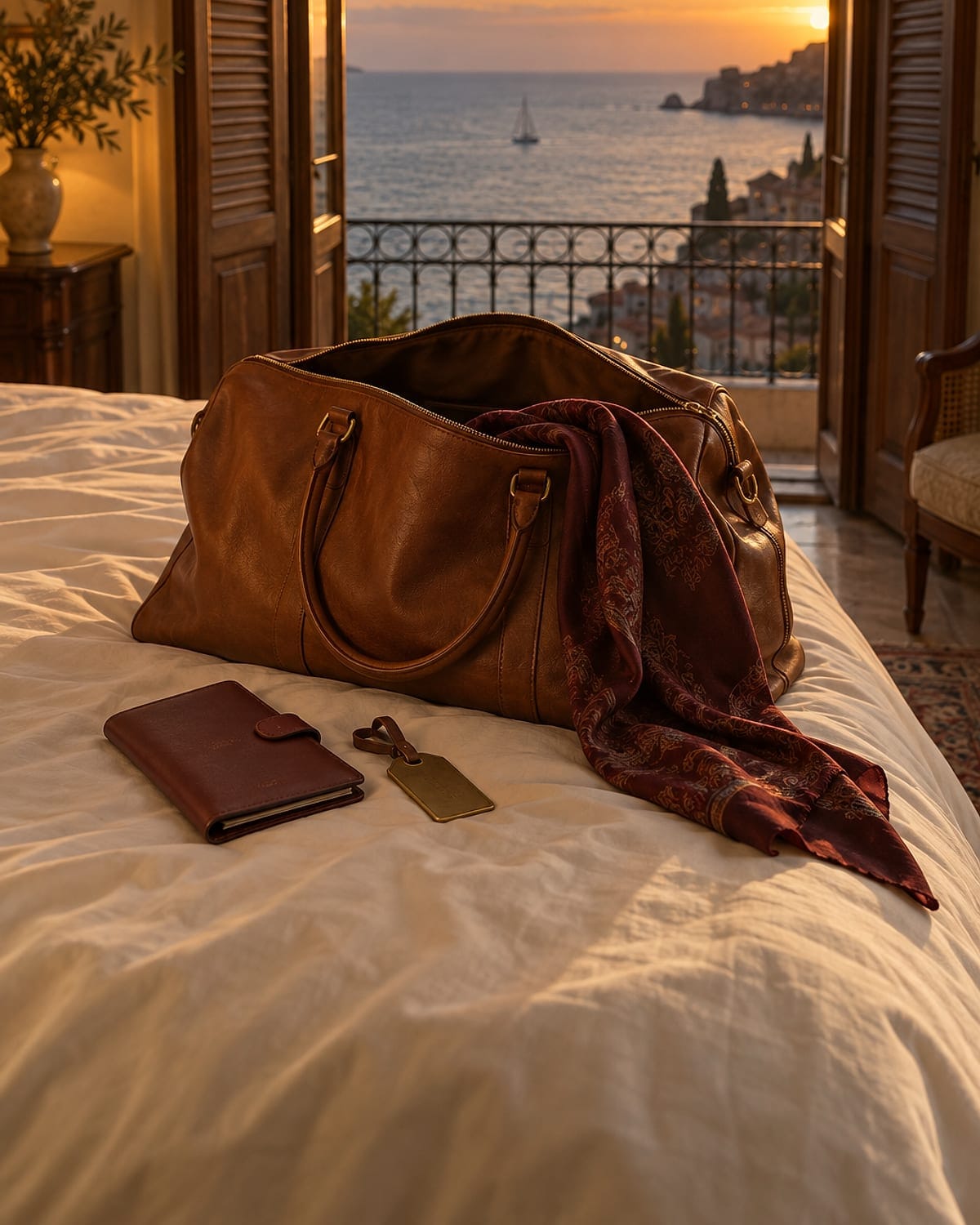 An open leather weekend bag with a burgundy silk scarf on a cream hotel bed, shutters open onto the sea at dusk